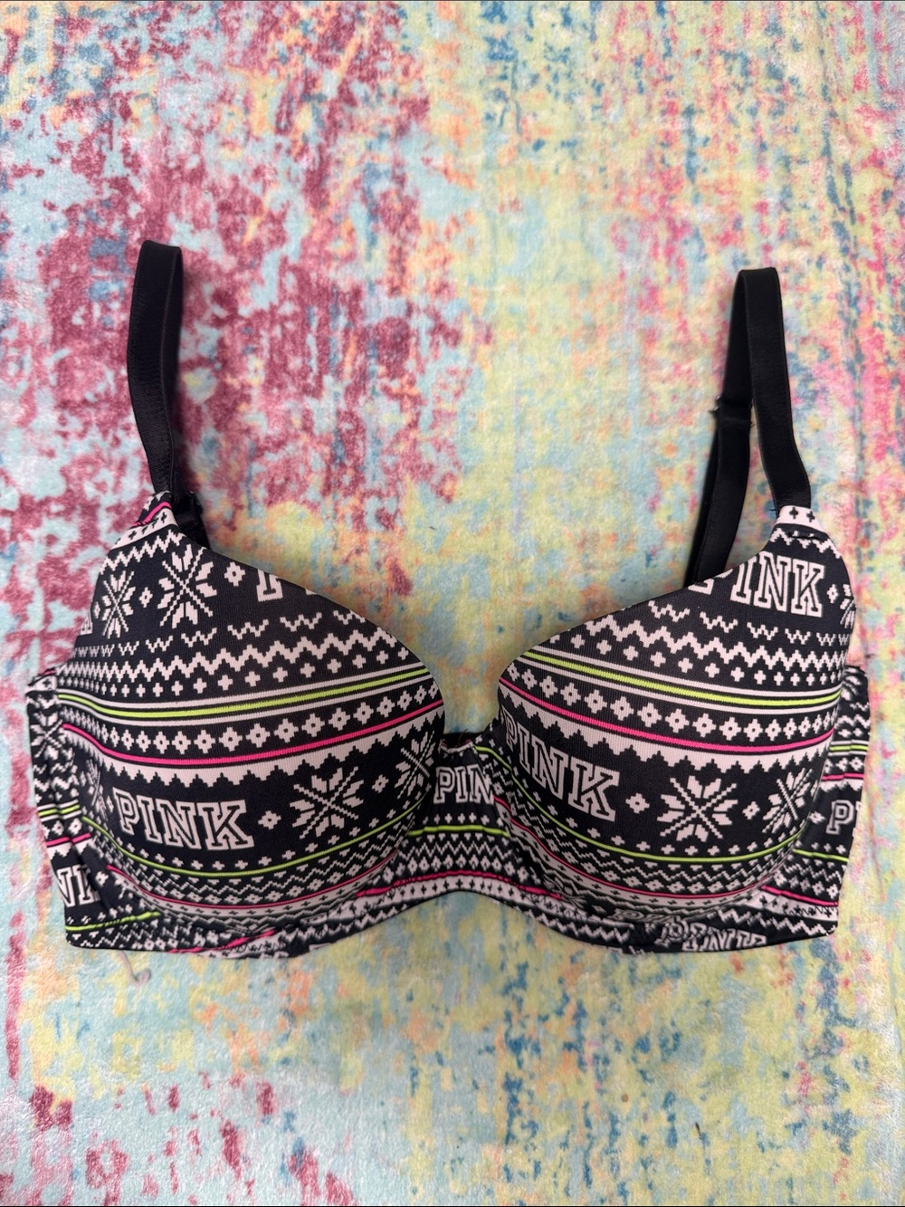 PINK Victoria's Secret Black Patterned Push-Up Bra with Pink & Lime Accents